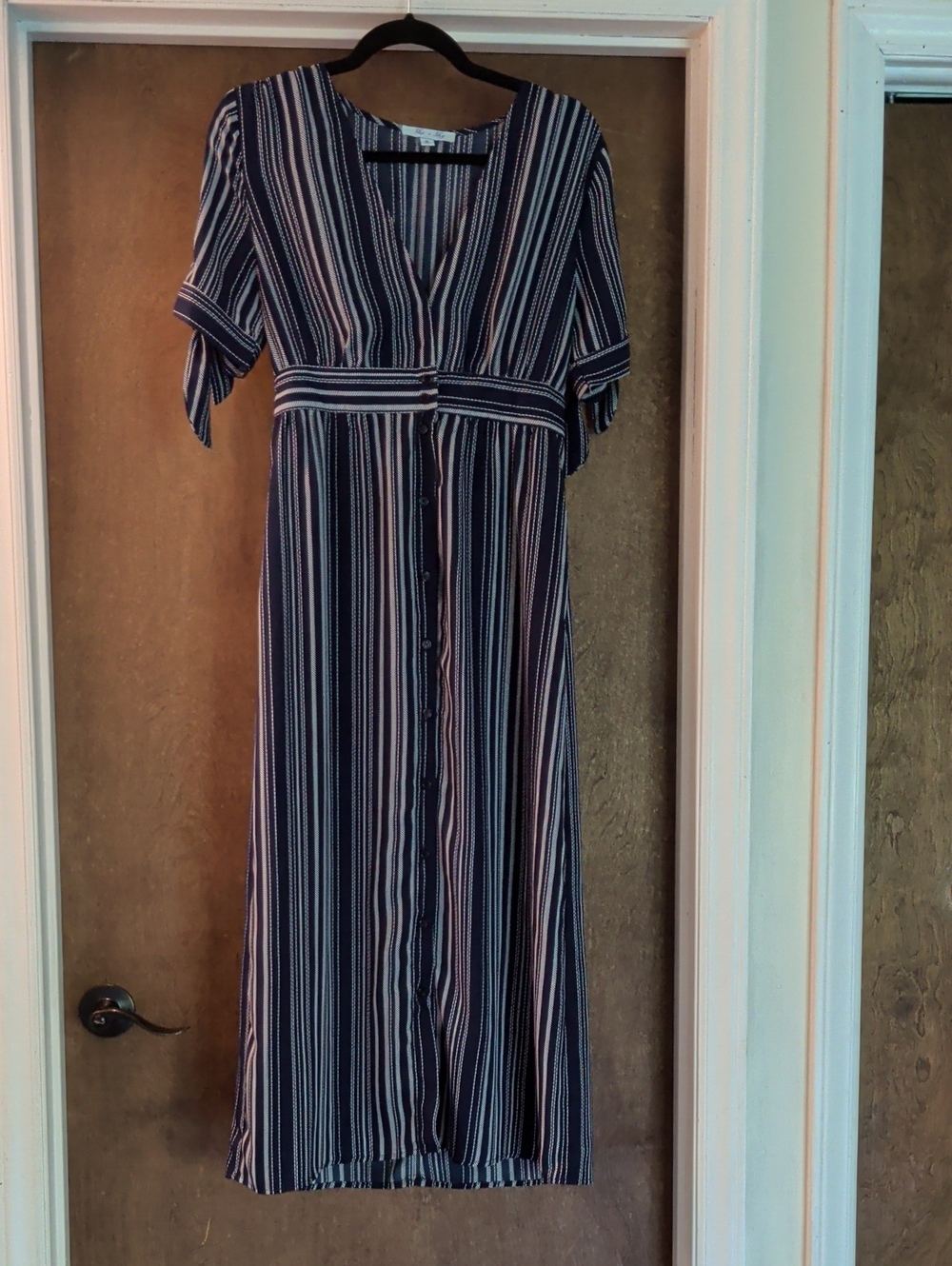 She + Sky Navy and White Striped Button-Front Maxi Dress